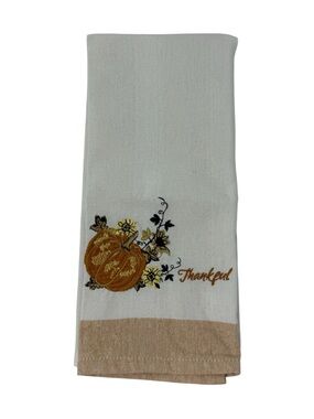 Thankful Pumpkin Embroidered Kitchen Towel in White and Brown